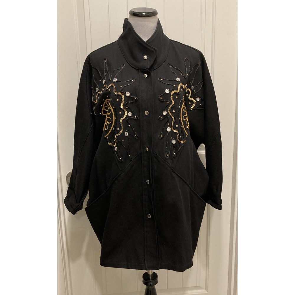 Vtg Pado California Oversize Jeweled Black Denim Jacket Batwing SZ M 90’s
